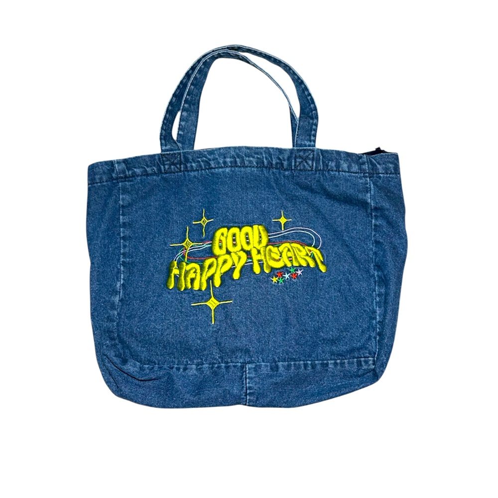Denim purse casual retro jean purse with embroidered saying medium wash tote bag